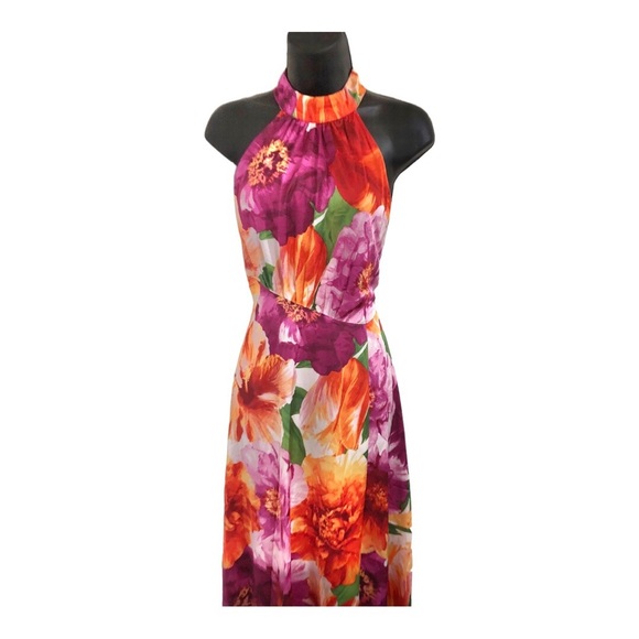 Maggy London pink tropical floral print asymmetrical flowy halter dress size 6 - Picture 10 of 16